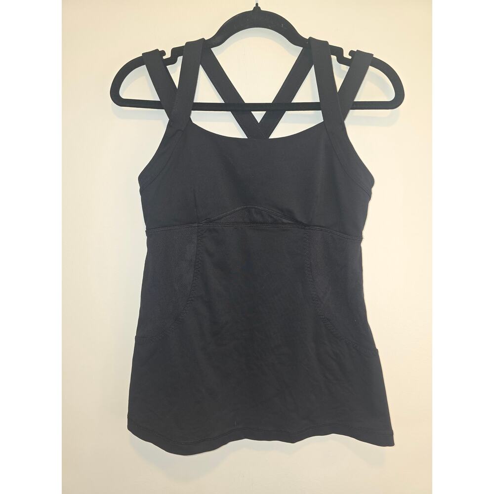 Lululemon Black High Neck Crisscross Strap Floral Mesh Tank Top size 6.